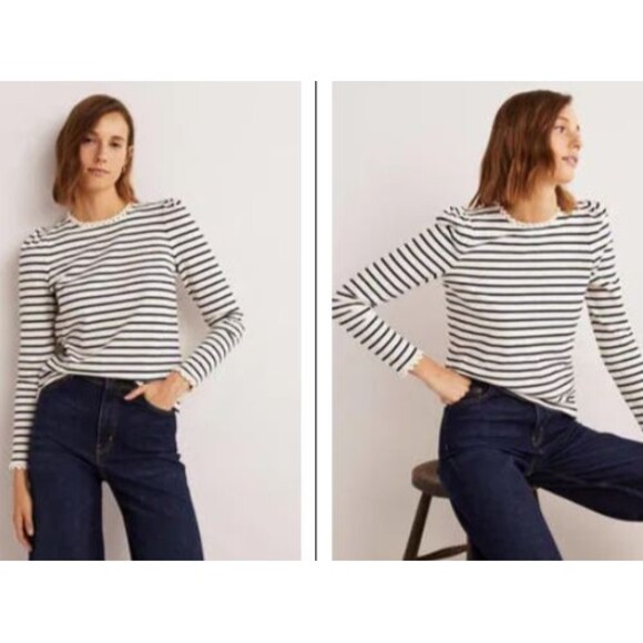 BODEN Crochet Trim Collar Long Sleeve Top US 6 Cream Navy Blue Striped Cotton - Picture 1 of 10
